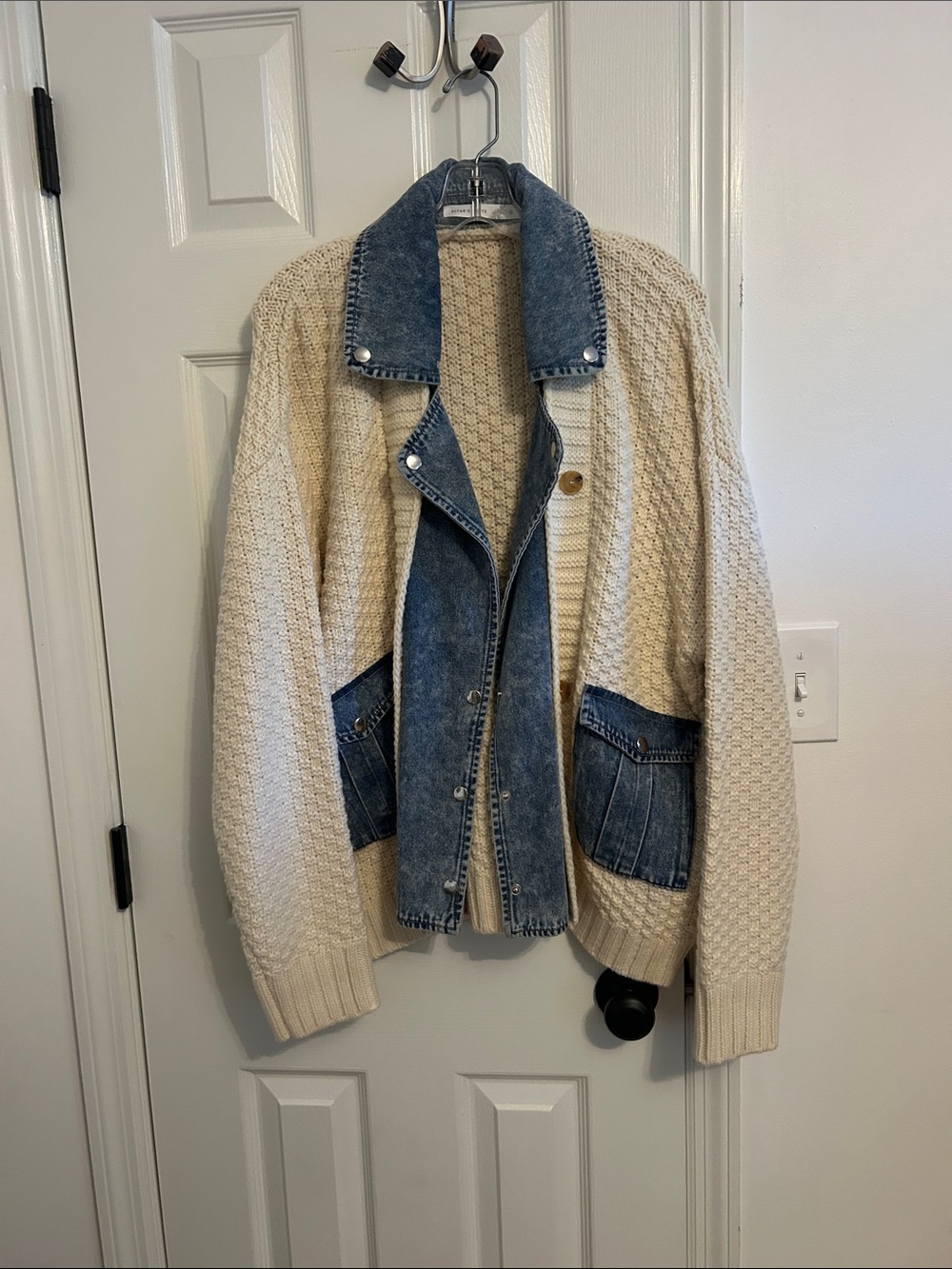 Altar'd State Cream Knit Cardigan with Blue Denim Trim